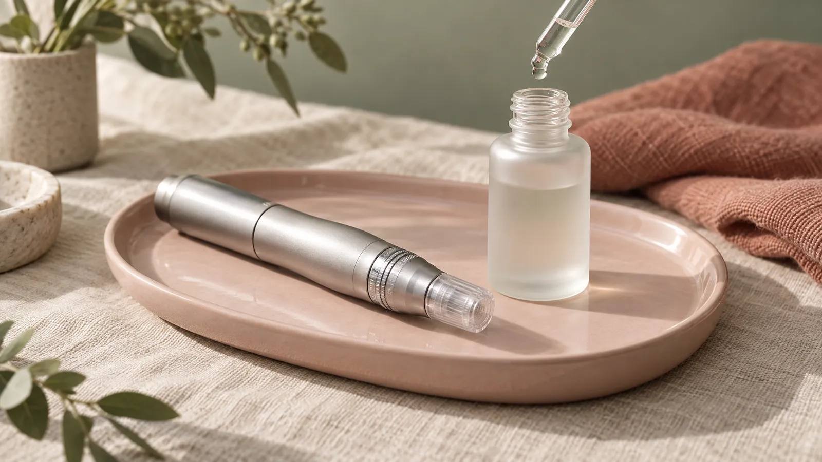 A capped microneedling pen and an unlabeled serum bottle with a glass dropper rest on a blush tray in soft natural light.