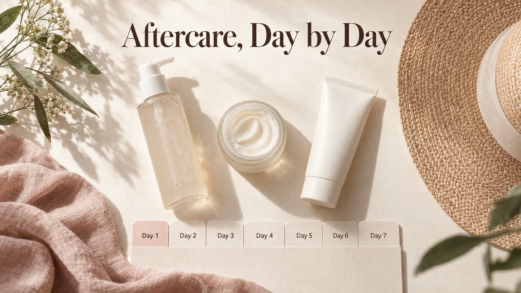 Gentle cleanser, moisturizer, sunscreen and a sun hat above a Day 1 to Day 7 planner strip