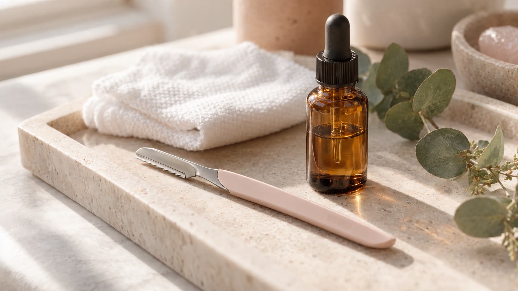 A dermaplaning blade and an amber bottle of peptide serum on a stone tray