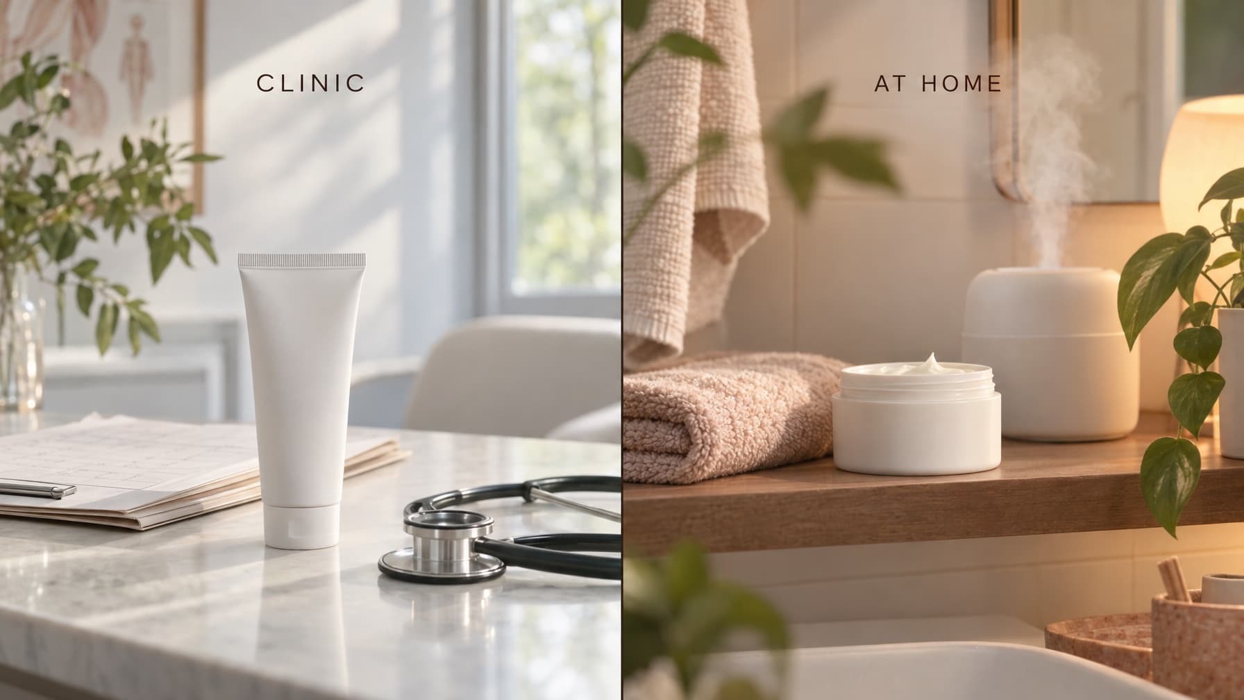 Split image: a clinic desk with an ointment tube and stethoscope, and a home shelf with a thick moisturizer and a humidifier