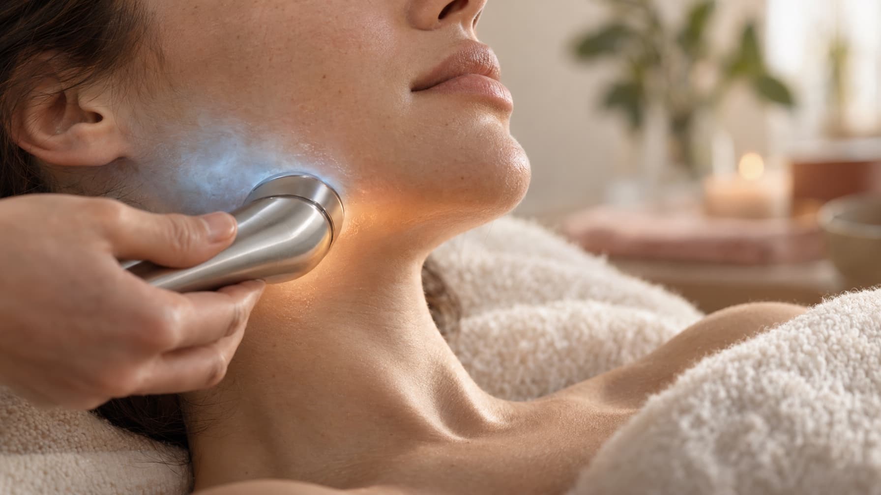 A metal handpiece with a cool blue mist and a warm glow glides along the jawline